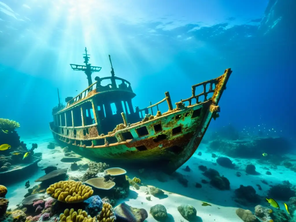 Verdad arqueológica: leyendas oceánicas cobran vida en el asombroso naufragio rodeado de coral y vida marina vibrante bajo el agua azul cristalina