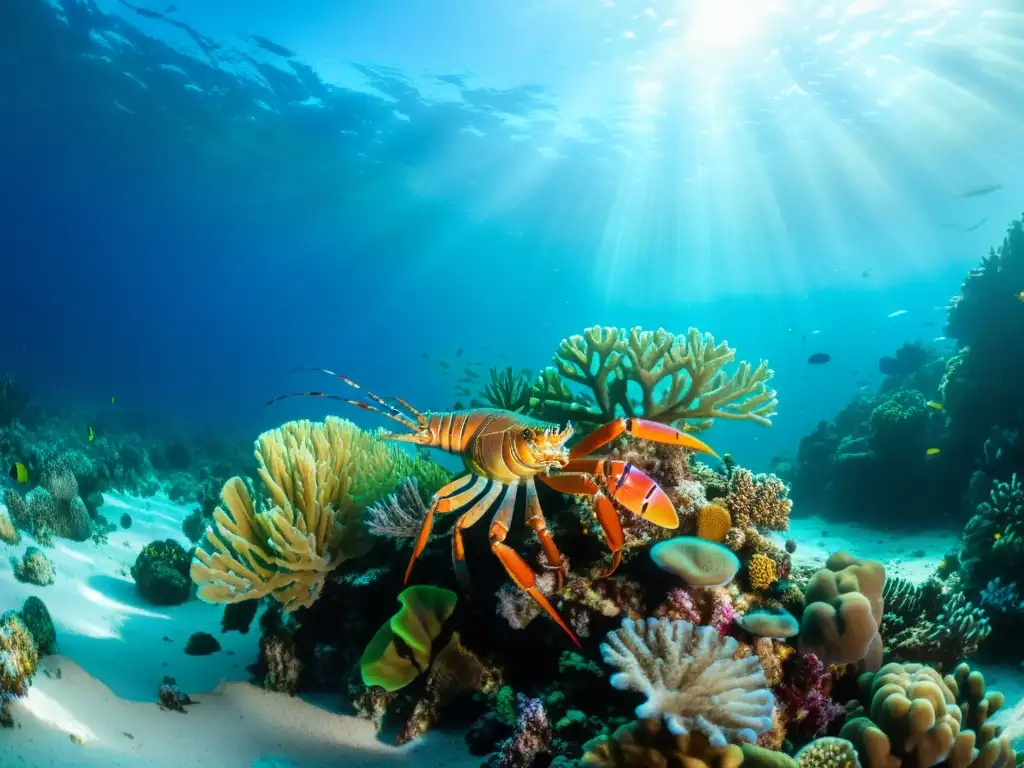 Un viaje sostenible a la langosta marina en un vibrante arrecife de coral, hogar de una diversa vida marina y un ecosistema submarino fascinante