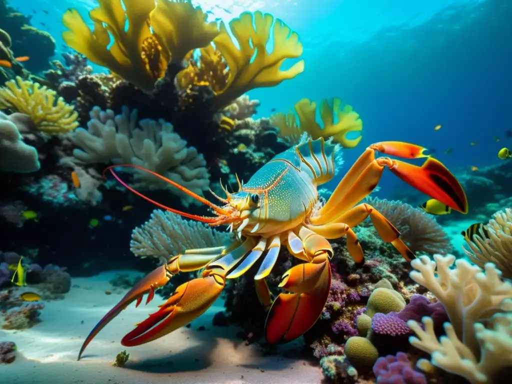 Viaje sostenible langosta marina en arrecife de coral vibrante, con vida marina y belleza natural en un entorno acuático cristalino