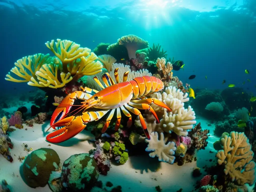 Viaje sostenible langosta marina: Fotografía submarina de un arrecife de coral vibrante con vida marina, incluida una hermosa langosta