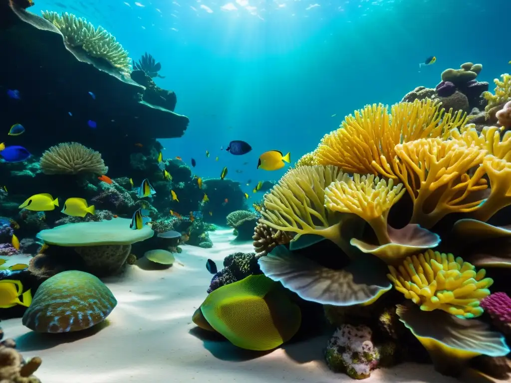 Un vibrante acuario marino de impacto, con decoraciones y peces coloridos entre corales, bajo la luz del sol