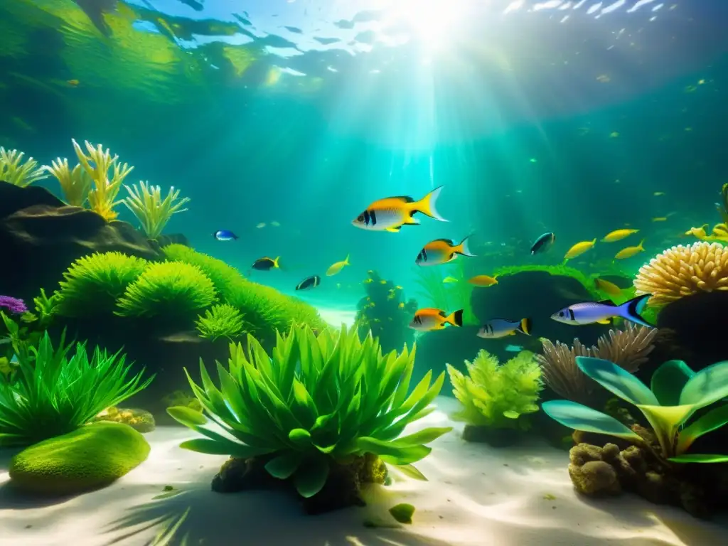 Vibrante acuario con peces y plantas en agua cristalina, resaltando la importancia del monitoreo calidad agua acuario