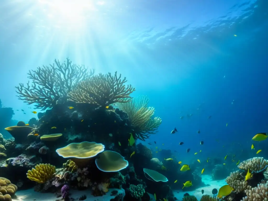 Un vibrante arrecife de coral en el abismo marino, con peces de colores y plantas marinas