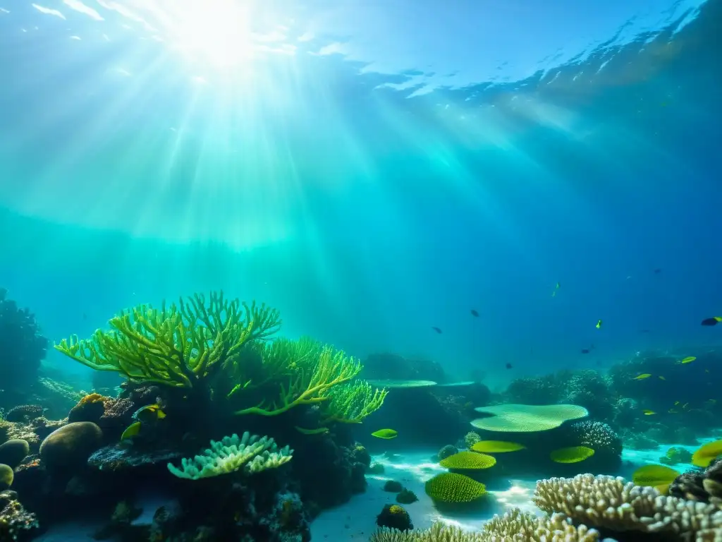 Vibrante arrecife de coral bajo el agua con algas azules, creando un hermoso juego de luces y sombras