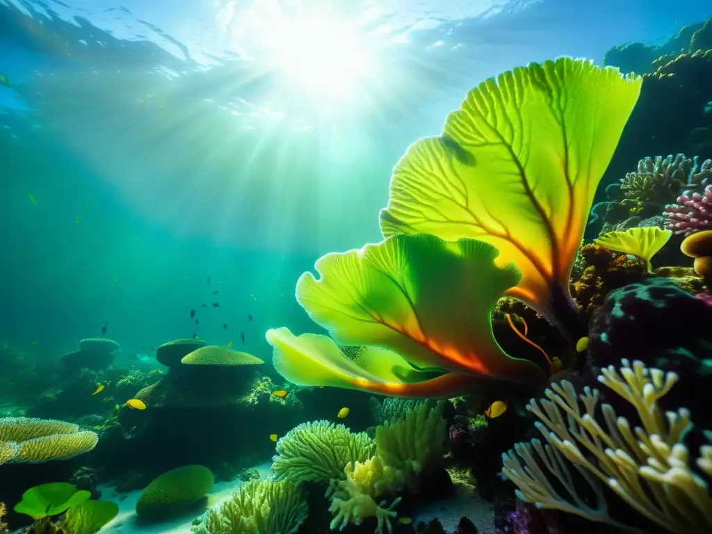 Un vibrante arrecife de coral bajo el agua, con algas coloridas y diversas en diferentes formas y tamaños