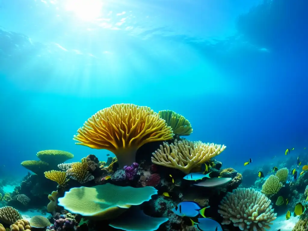 Vibrante arrecife de coral en el agua clara, con diversidad de vida marina