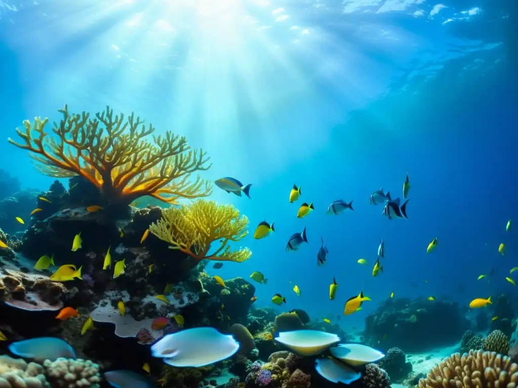 Un vibrante arrecife de coral bajo el agua capturando colores reales, con peces nadando y patrones de luz filtrándose