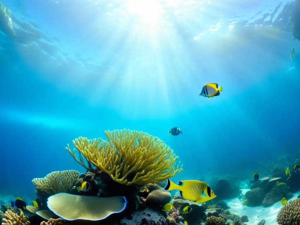 Vibrante arrecife de coral bajo el agua, con diversa vida marina y luz solar