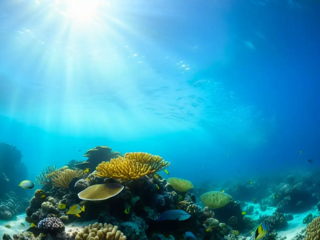 Un vibrante arrecife de coral bajo el agua, con una diversidad de especies marinas