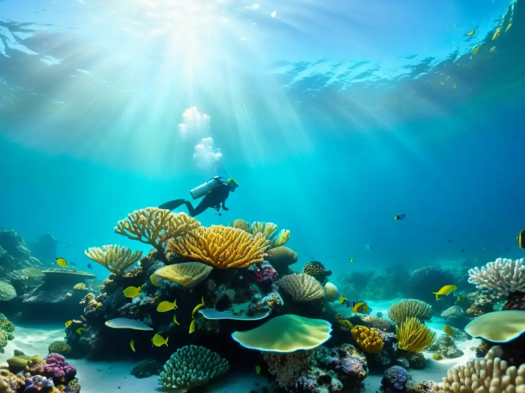 Un vibrante arrecife de coral bajo el agua, con una diversidad de vida marina y una hermosa filtración de luz solar