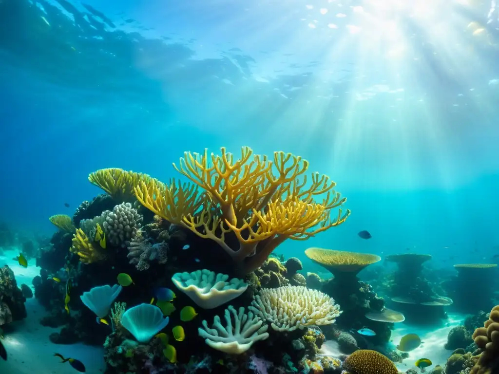 Un vibrante arrecife de coral bajo el agua con una diversidad de peces y plantas marinas