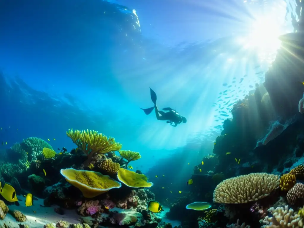 Un vibrante arrecife de coral bajo el agua, con una diversidad de vida marina