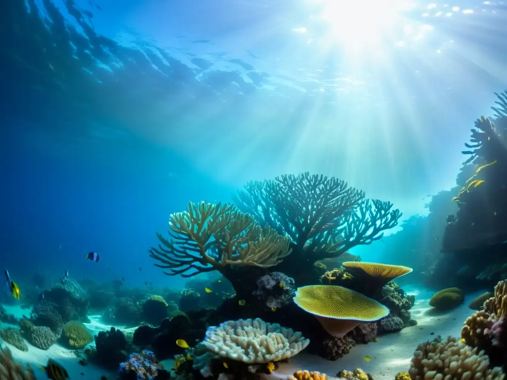 Un vibrante arrecife de coral bajo el agua, con una diversidad de vida marina