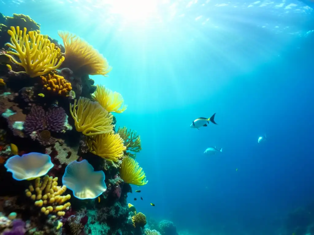 Un vibrante arrecife de coral bajo el agua, con una diversidad de vida marina y sustratos especializados para acuarios marinos