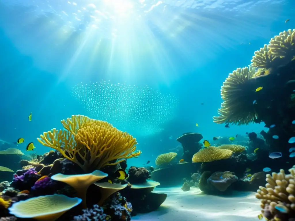 Vibrante arrecife de coral bajo el agua con equipos esenciales de aireación para acuario