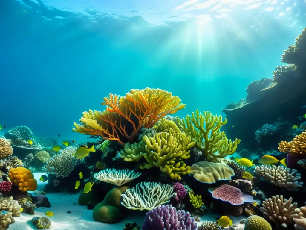 Un vibrante arrecife de coral bajo el agua, con ingredientes marinos para rutina belleza