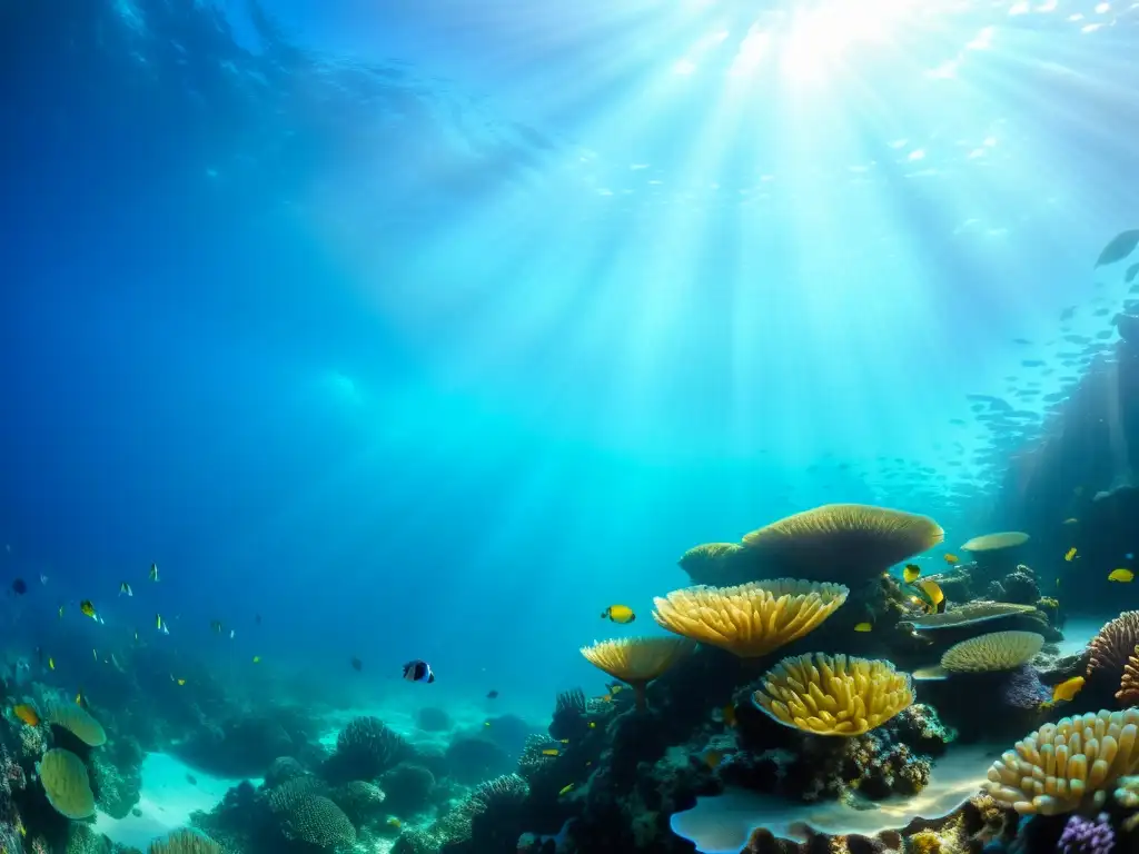 Un vibrante arrecife de coral bajo el agua con innovaciones en alta gastronomía marina