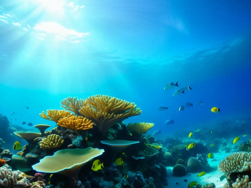 Vibrante arrecife de coral bajo el agua, refleja la protección legal áreas marinas con diversa vida marina y aguas cristalinas