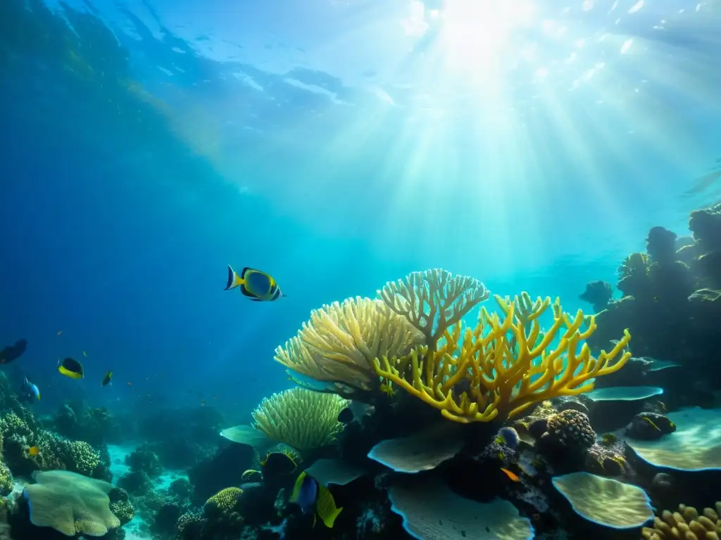 Un vibrante arrecife de coral bajo el agua, con luz solar que crea patrones hipnóticos y resalta la diversa vida marina