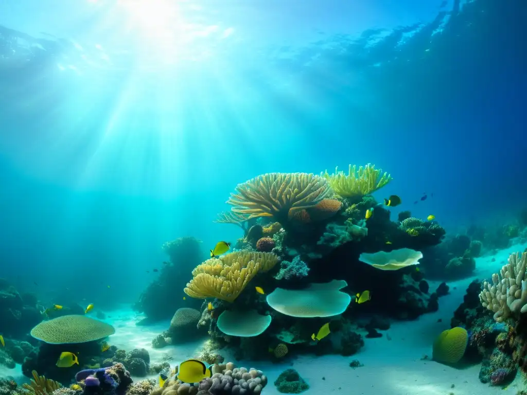 Un vibrante arrecife de coral bajo el agua con luz solar filtrándose, creando patrones hermosos en el lecho marino