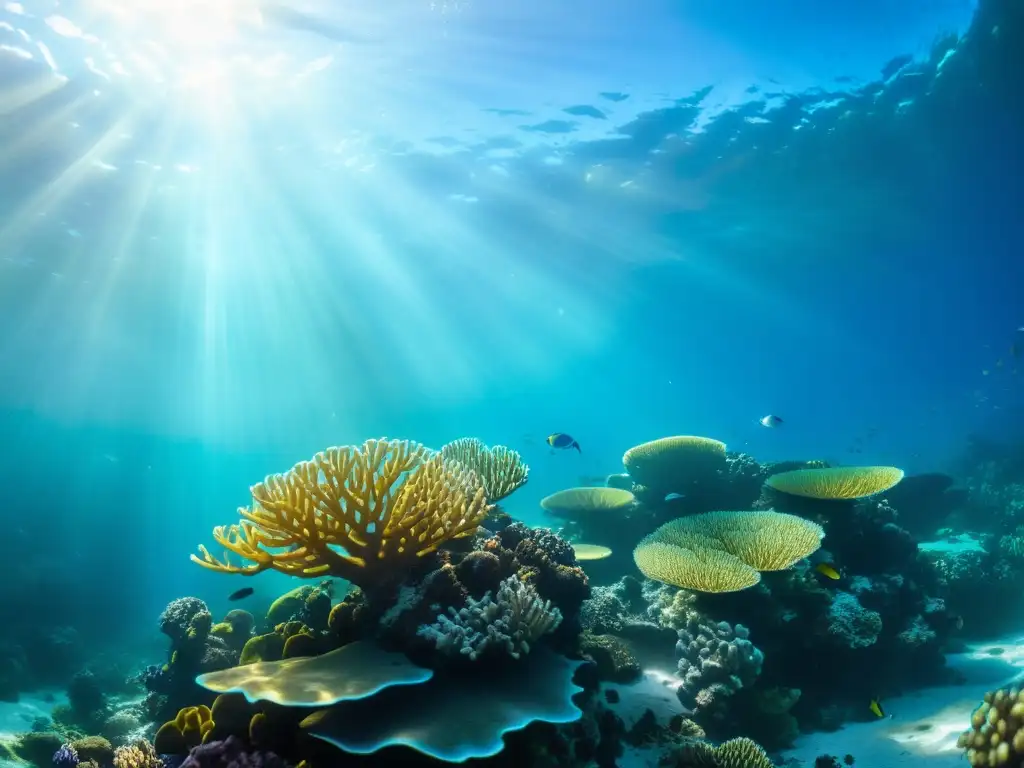 Un vibrante arrecife de coral bajo el agua, con luz solar filtrándose y creando patrones de luz y sombra sobre la vida marina