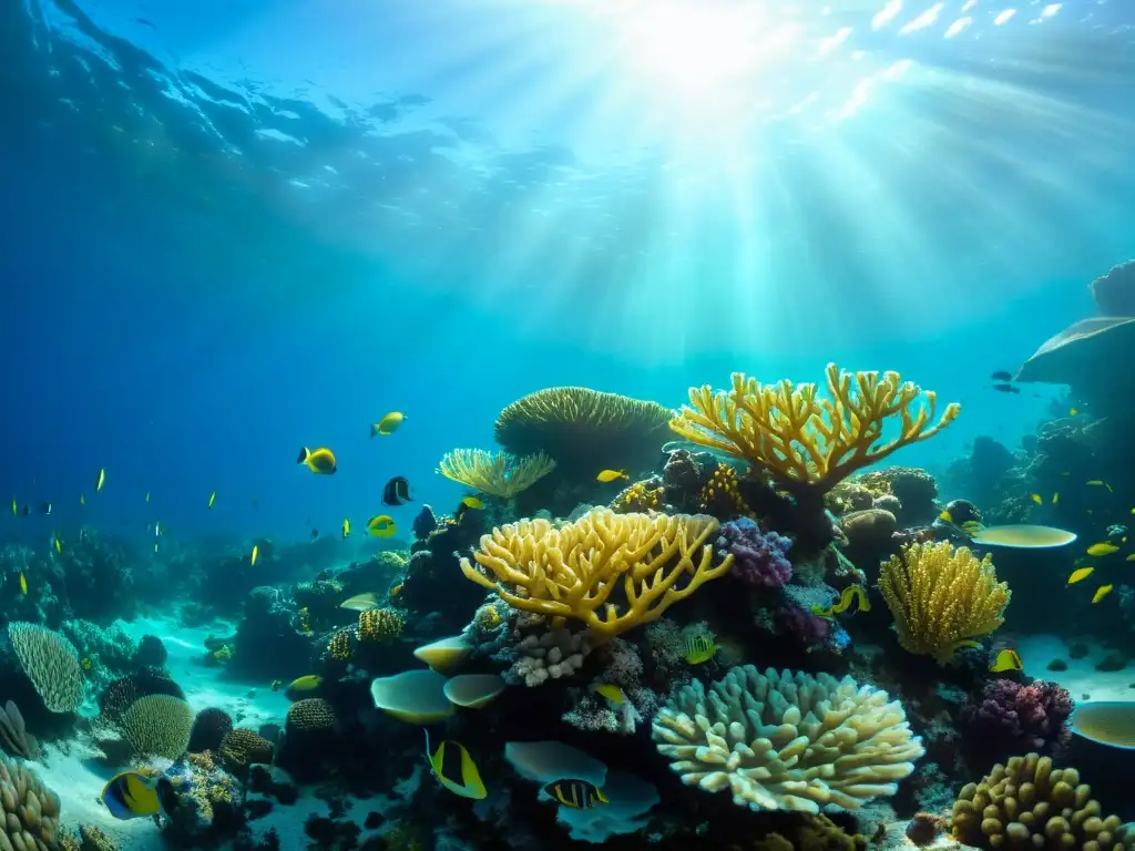 Vibrante arrecife de coral bajo el agua, vida marina en equilibrio, impacto de la acidificación oceánica en la biodiversidad marina