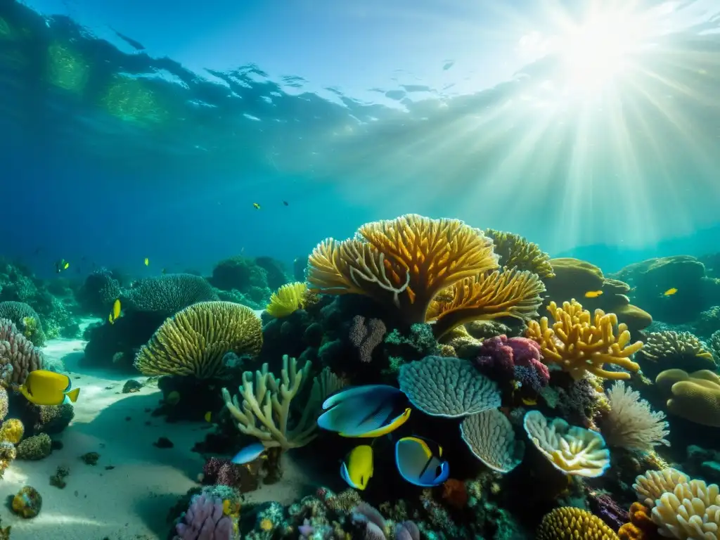 Un vibrante arrecife de coral bajo el agua con mariscos sostenibles para presentación, iluminado por el cálido sol