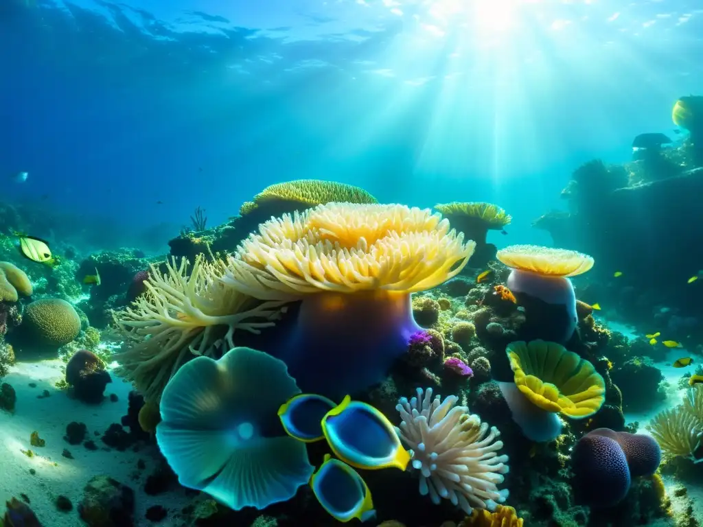 Un vibrante arrecife de coral bajo el agua con mascarillas marinas hidratantes entre la vida marina y la luz del sol filtrándose