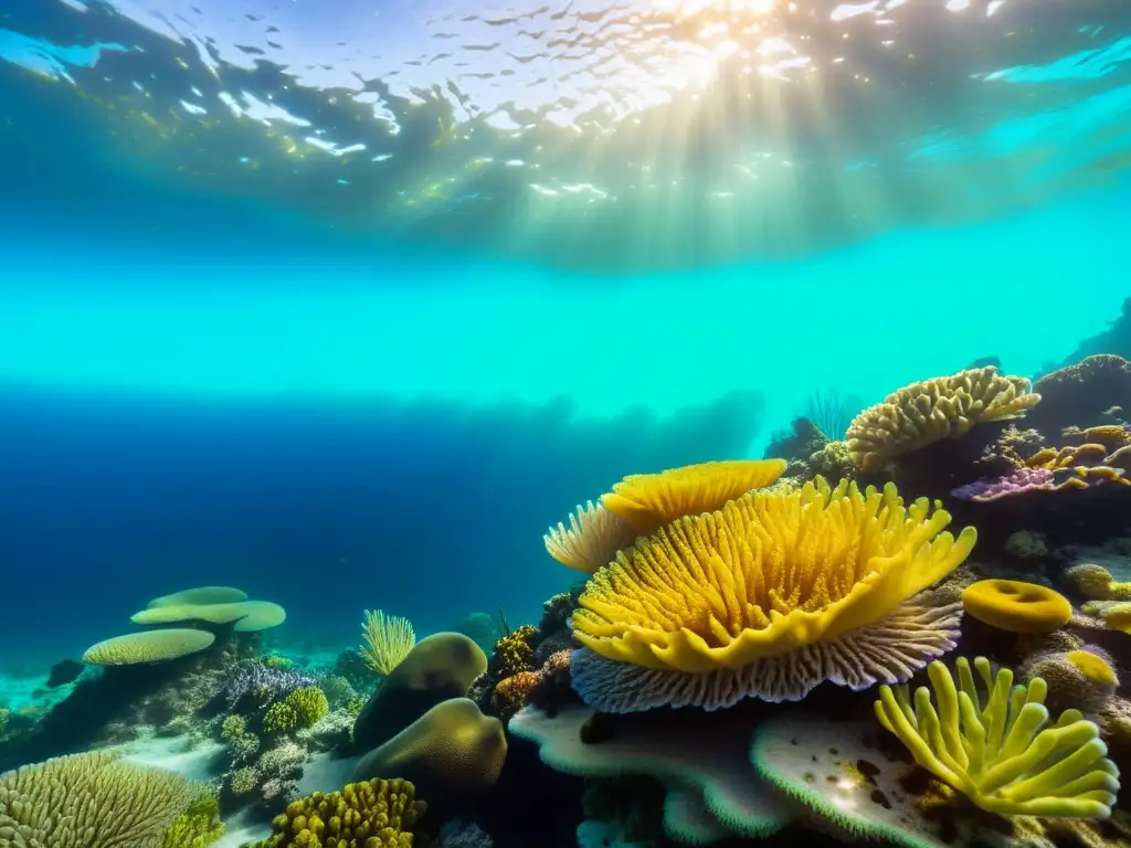 Un vibrante arrecife de coral bajo el agua con organismos marinos y algas