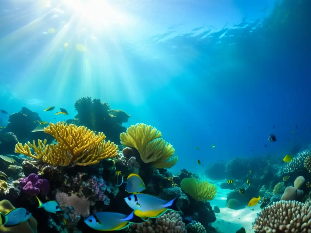 Un vibrante arrecife de coral bajo el agua, con paletas de colores subacuáticos para vestuario