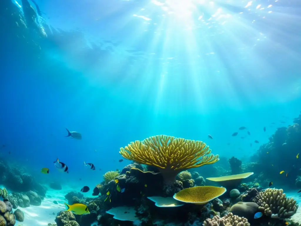 Un vibrante arrecife de coral bajo el agua, con peces y vida marina