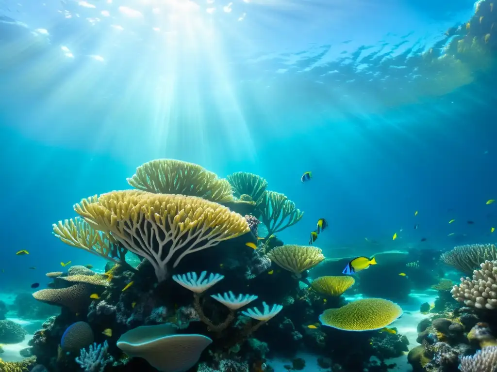 Un vibrante arrecife de coral bajo el agua con peces coloridos, plantas marinas y formaciones de coral