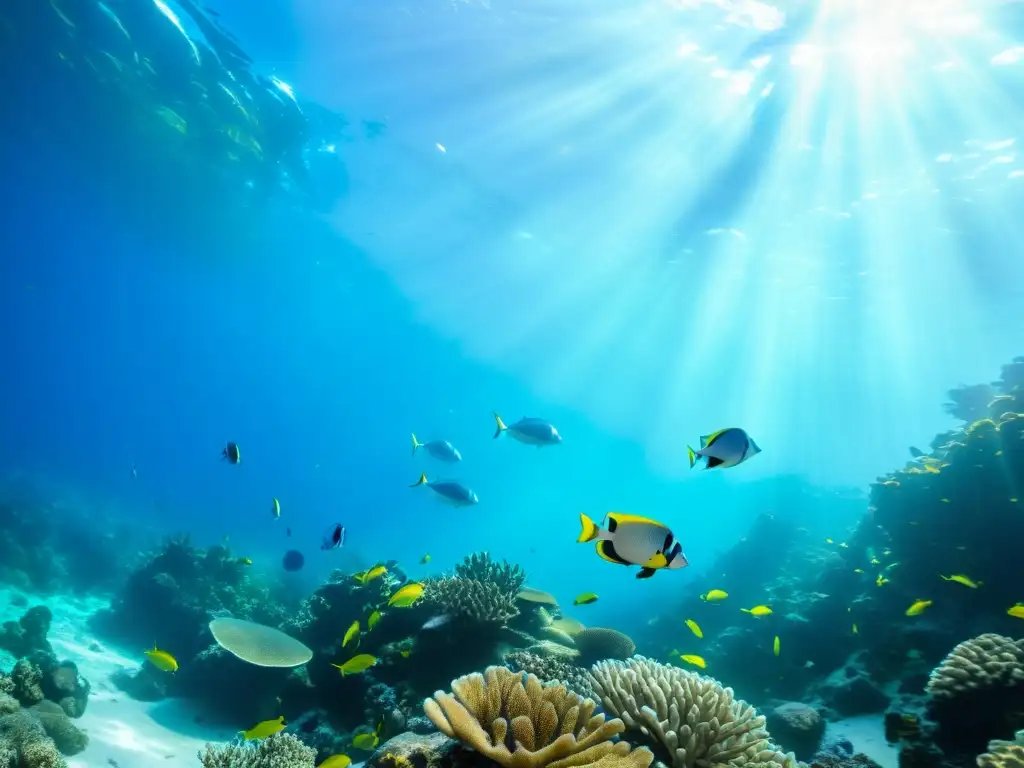 Un vibrante arrecife de coral bajo el agua, con peces coloridos y plantas marinas