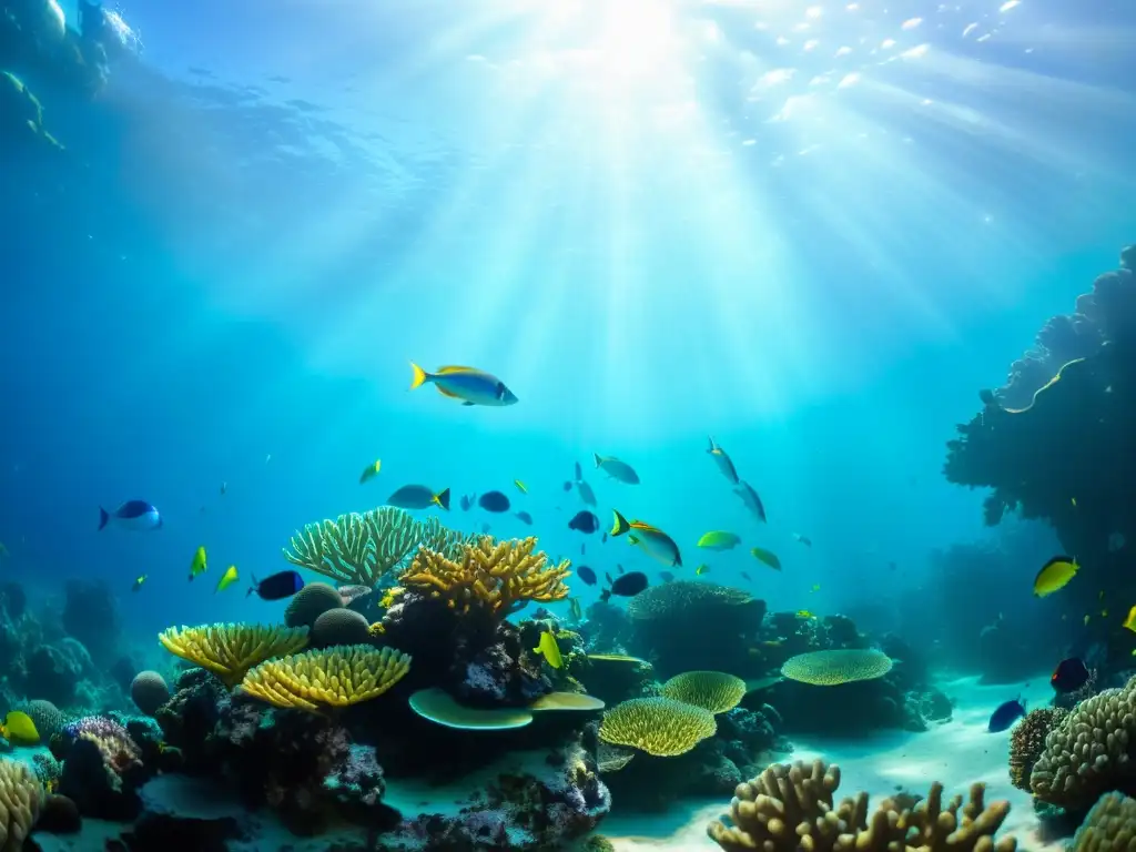 Un vibrante arrecife de coral bajo el agua, con peces coloridos y rayos de luz solar