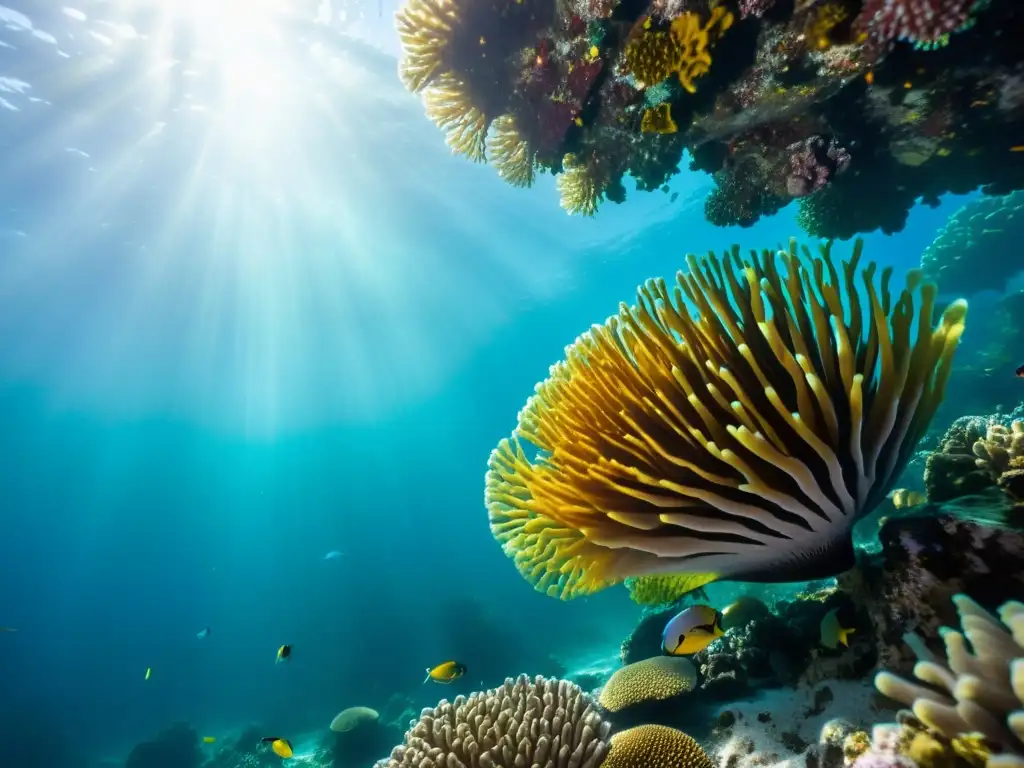 Un vibrante arrecife de coral bajo el agua, con peces coloridos nadando entre formaciones de coral, capturando la belleza natural del mundo submarino