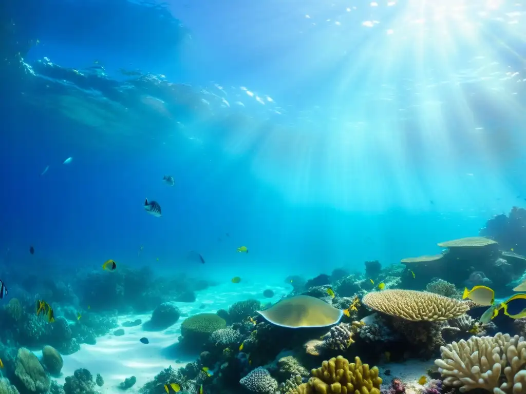 Un vibrante arrecife de coral bajo el agua, con peces tropicales y una tortuga marina