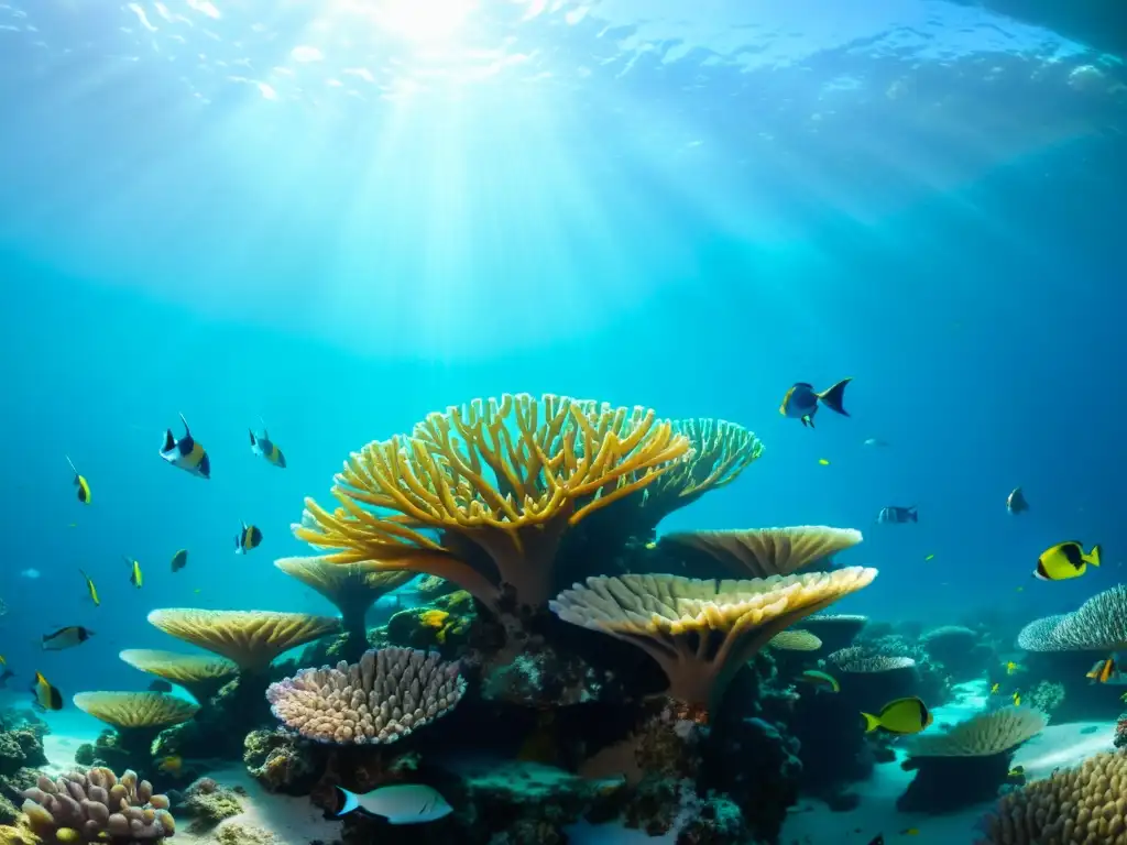 Un vibrante arrecife de coral bajo el agua, con peces coloridos y vida marina