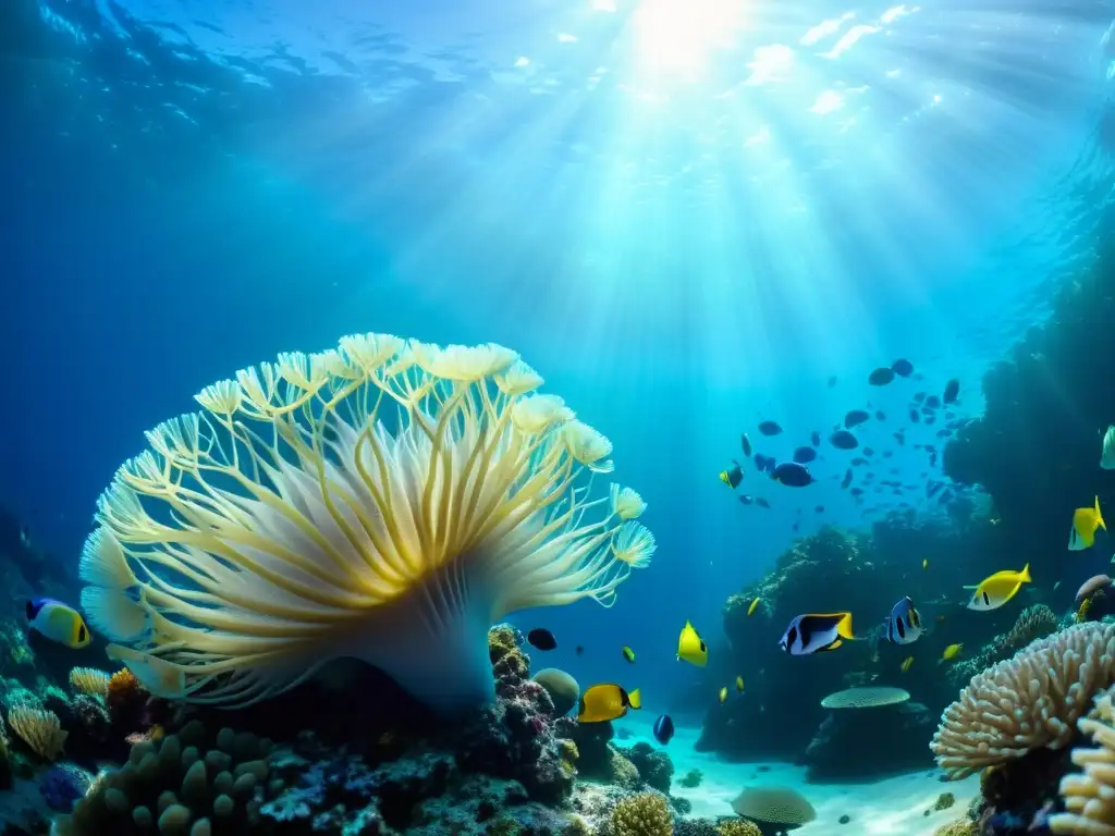 Un vibrante arrecife de coral bajo el agua, con peces tropicales y vida marina