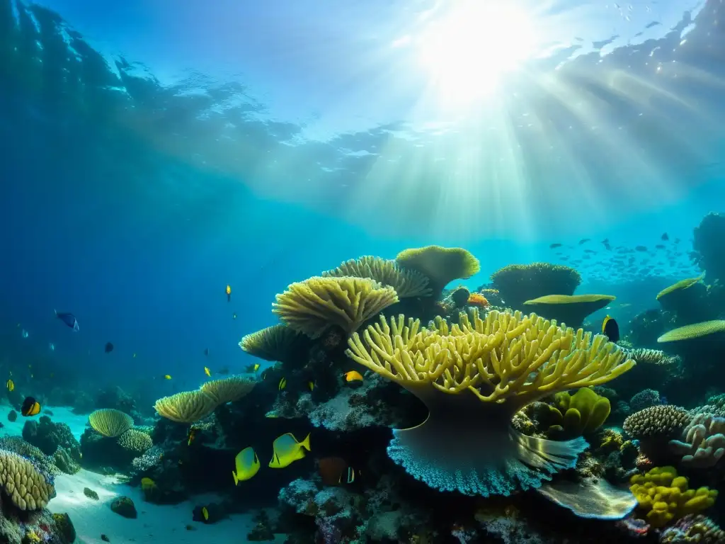 Un vibrante arrecife de coral bajo el agua, con peces coloridos y plantas marinas