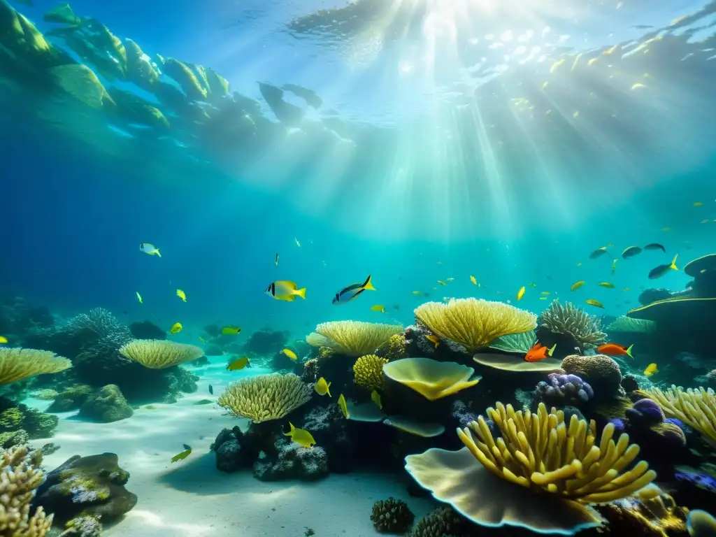 Un vibrante arrecife de coral bajo el agua, con peces coloridos y plantas marinas ondeando