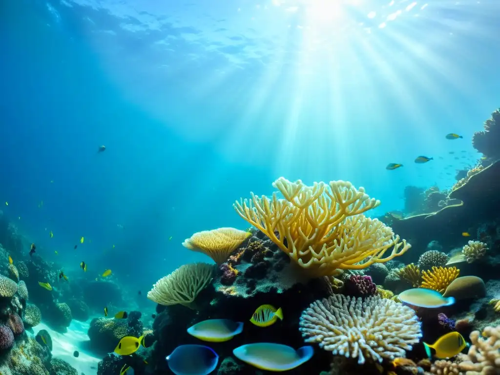 Un vibrante arrecife de coral bajo el agua, con peces tropicales, estrellas de mar y anémonas