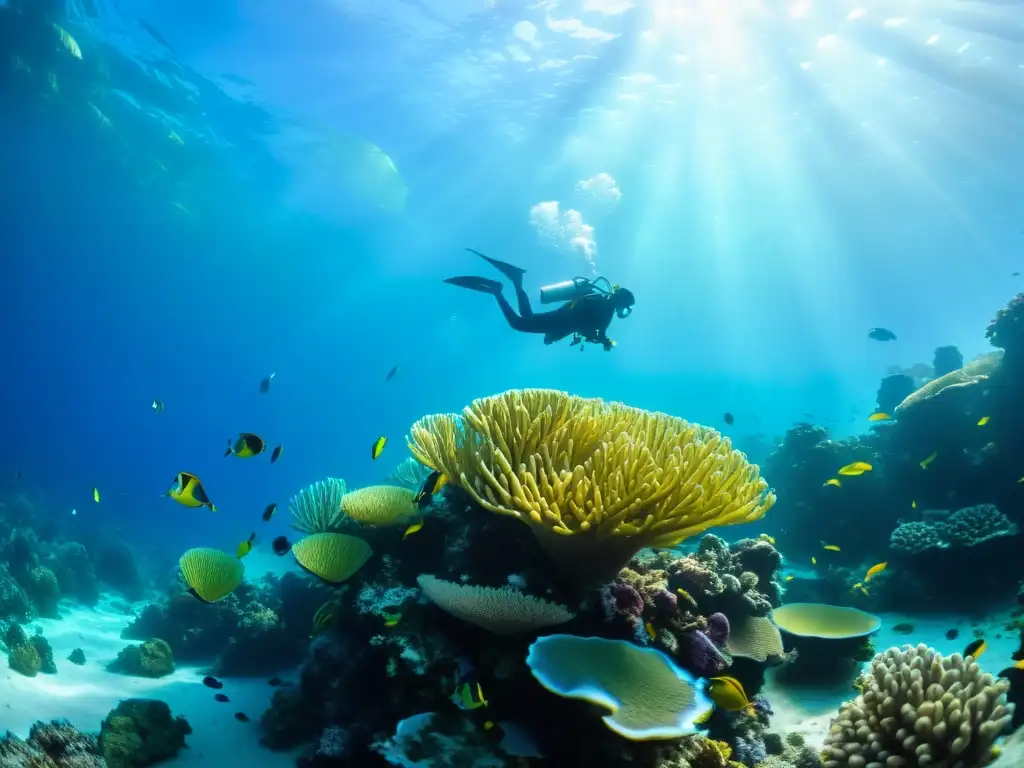 Un vibrante arrecife de coral bajo el agua con peces coloridos y plantas marinas