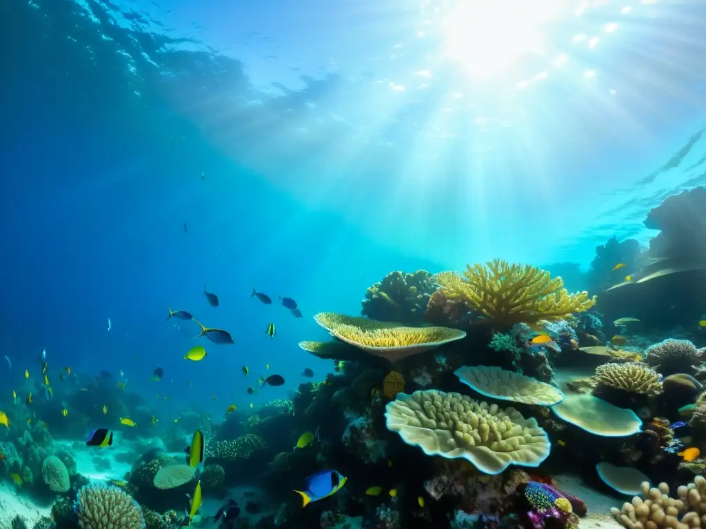 Un vibrante arrecife de coral bajo el agua con peces coloridos y vida marina