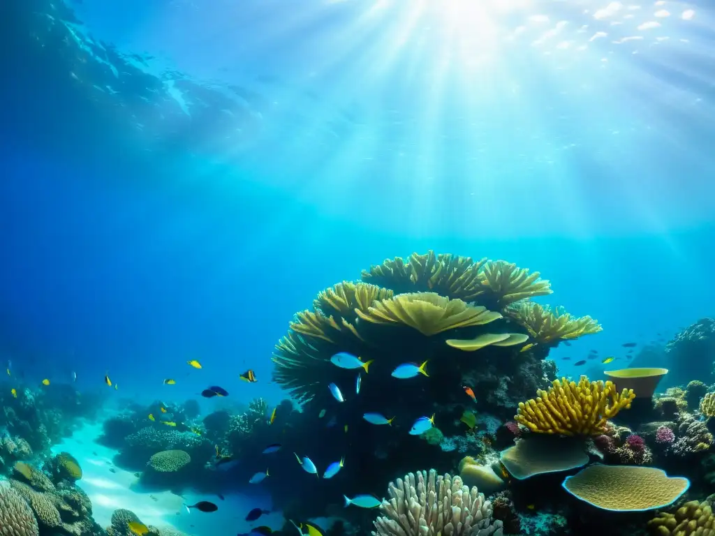 Un vibrante arrecife de coral bajo el agua con peces coloridos nadando en unión