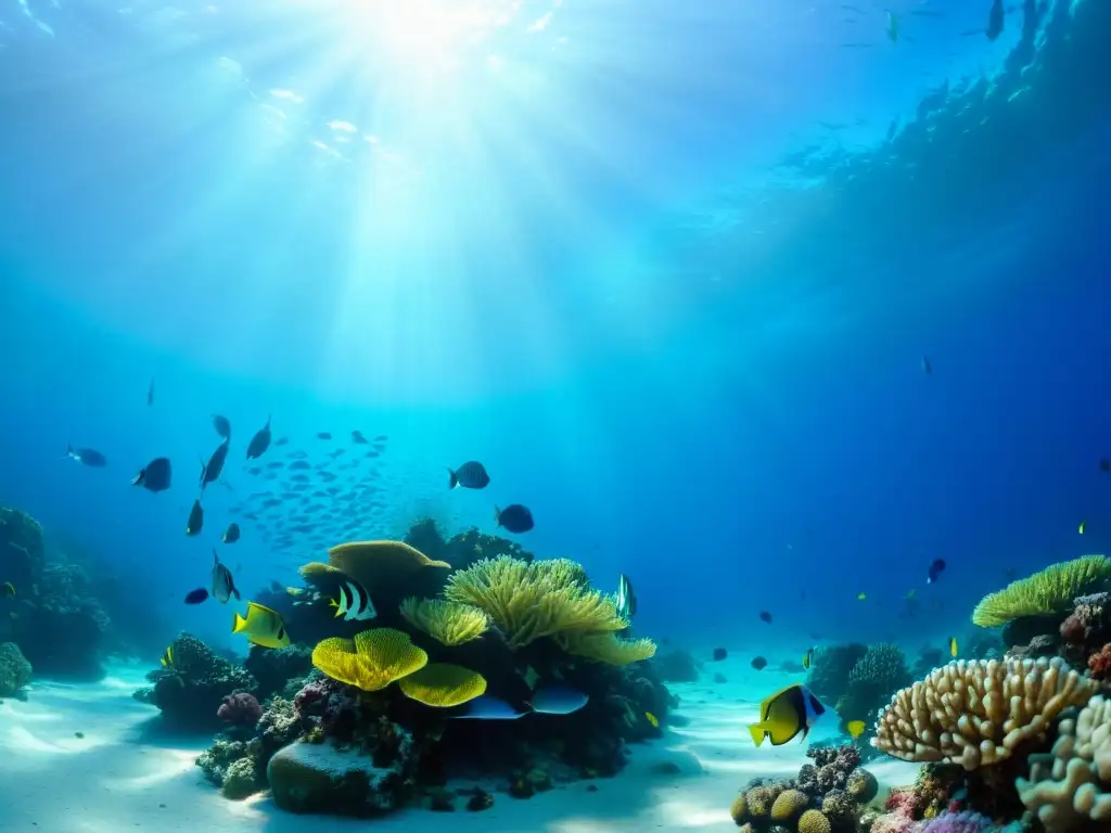 Un vibrante arrecife de coral bajo el agua, con peces tropicales y luz solar filtrándose