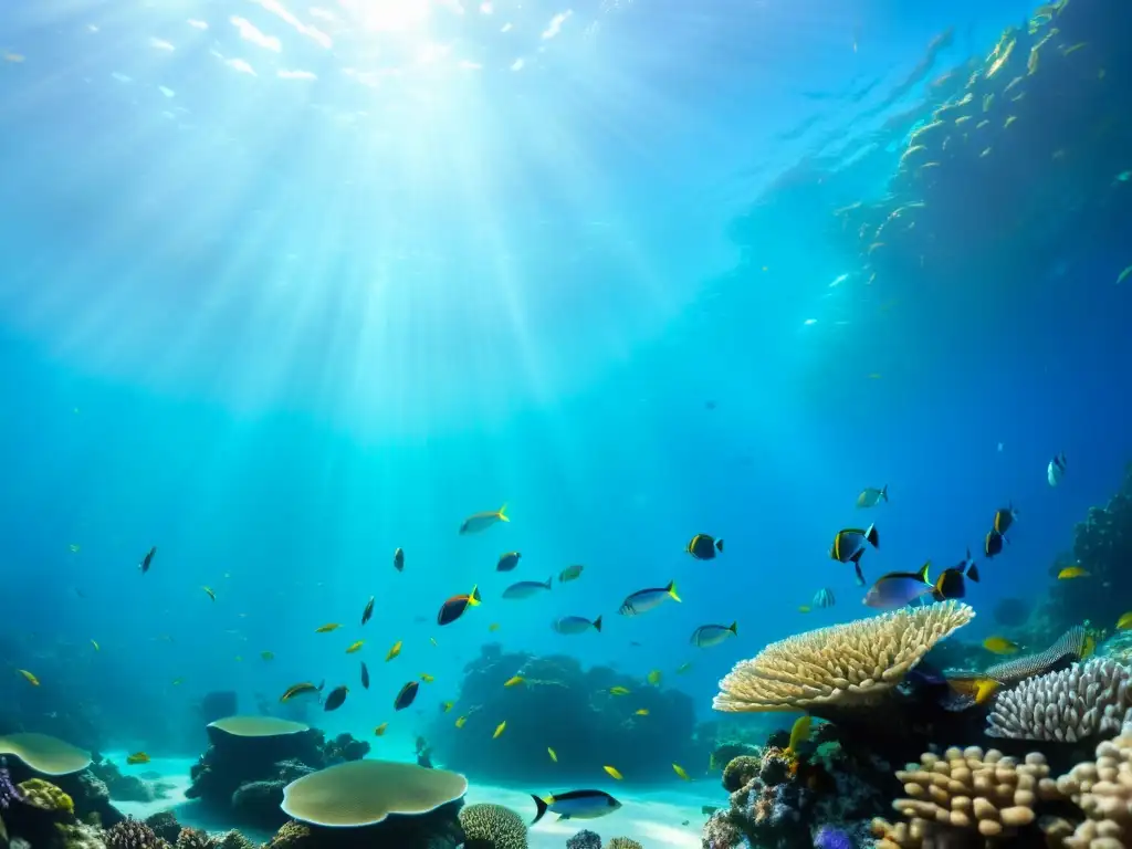 Un vibrante arrecife de coral bajo el agua con peces tropicales y criaturas marinas