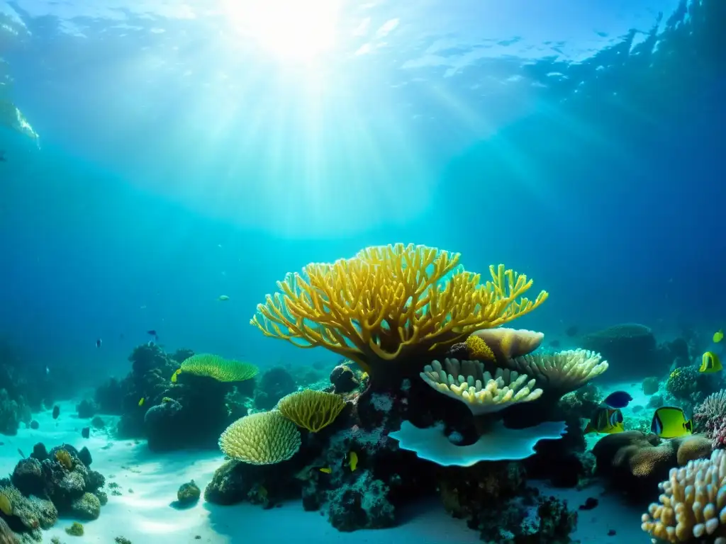 Vibrante arrecife de coral bajo el agua, con peces coloridos y formaciones de coral, iluminado por el sol