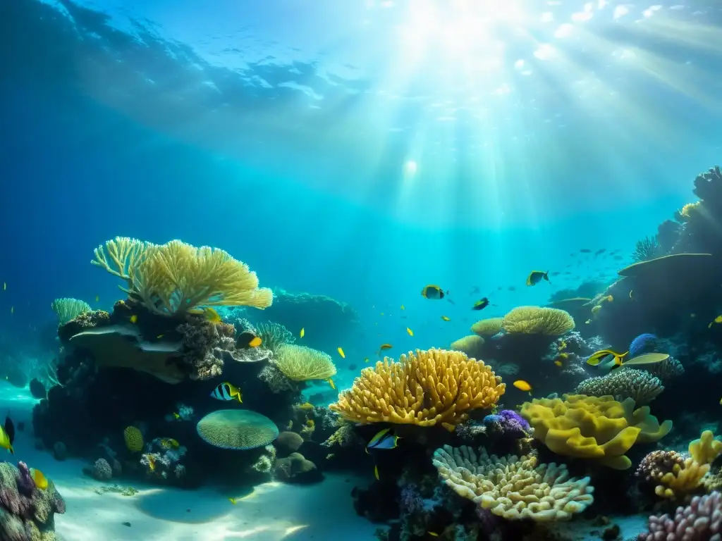 Un vibrante arrecife de coral bajo el agua, con peces y plantas marinas coloridos, bañados por la luz del sol