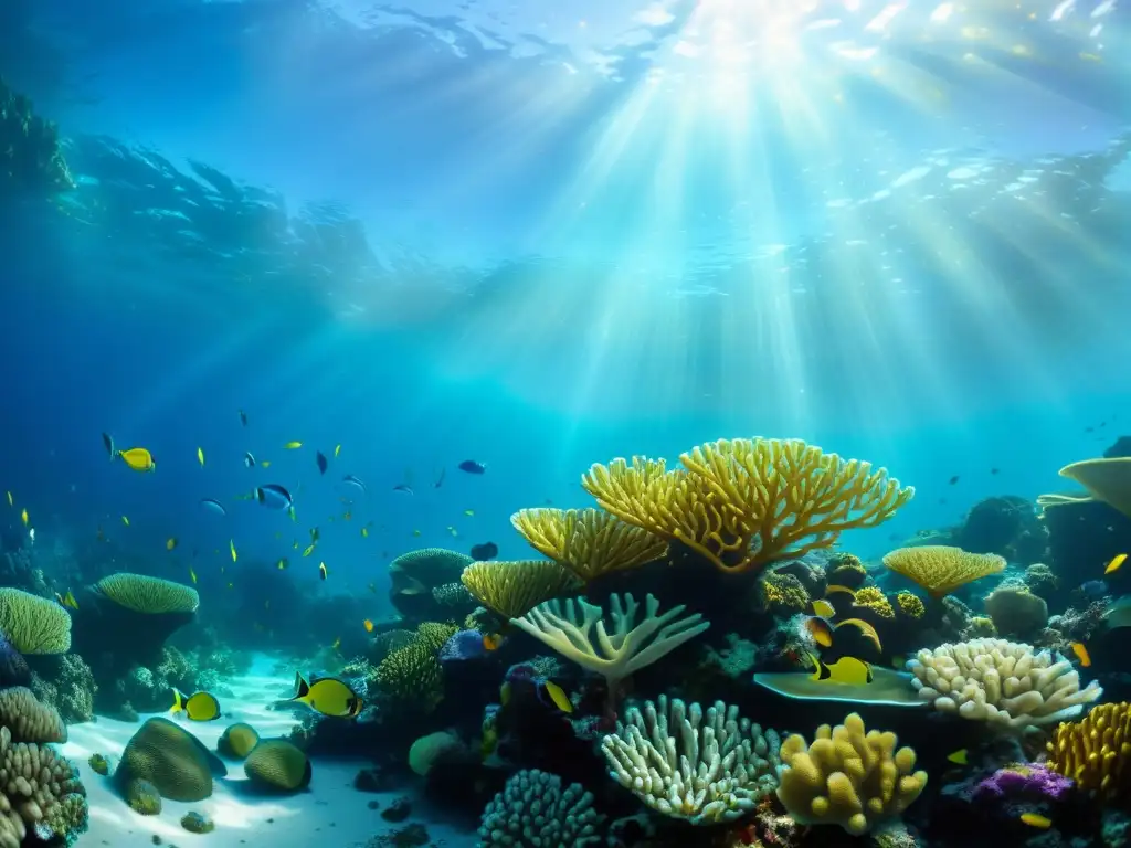 Un vibrante arrecife de coral bajo el agua, con peces coloridos y plantas marinas