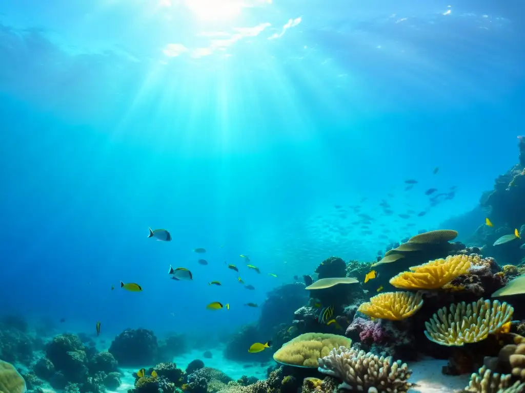 Un vibrante arrecife de coral bajo el agua, con peces coloridos y vida marina